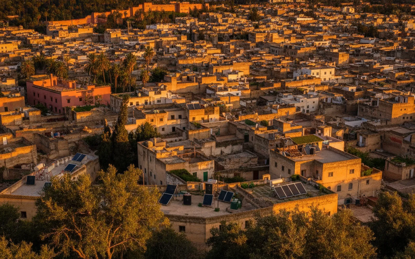 Panneaux solaires à Fès : villas, terrasses de la médina et fermes du Saïss
