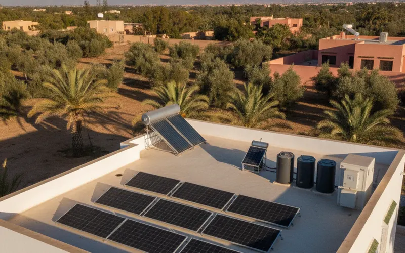 Panneaux solaires sur un toit-terrasse au Maroc