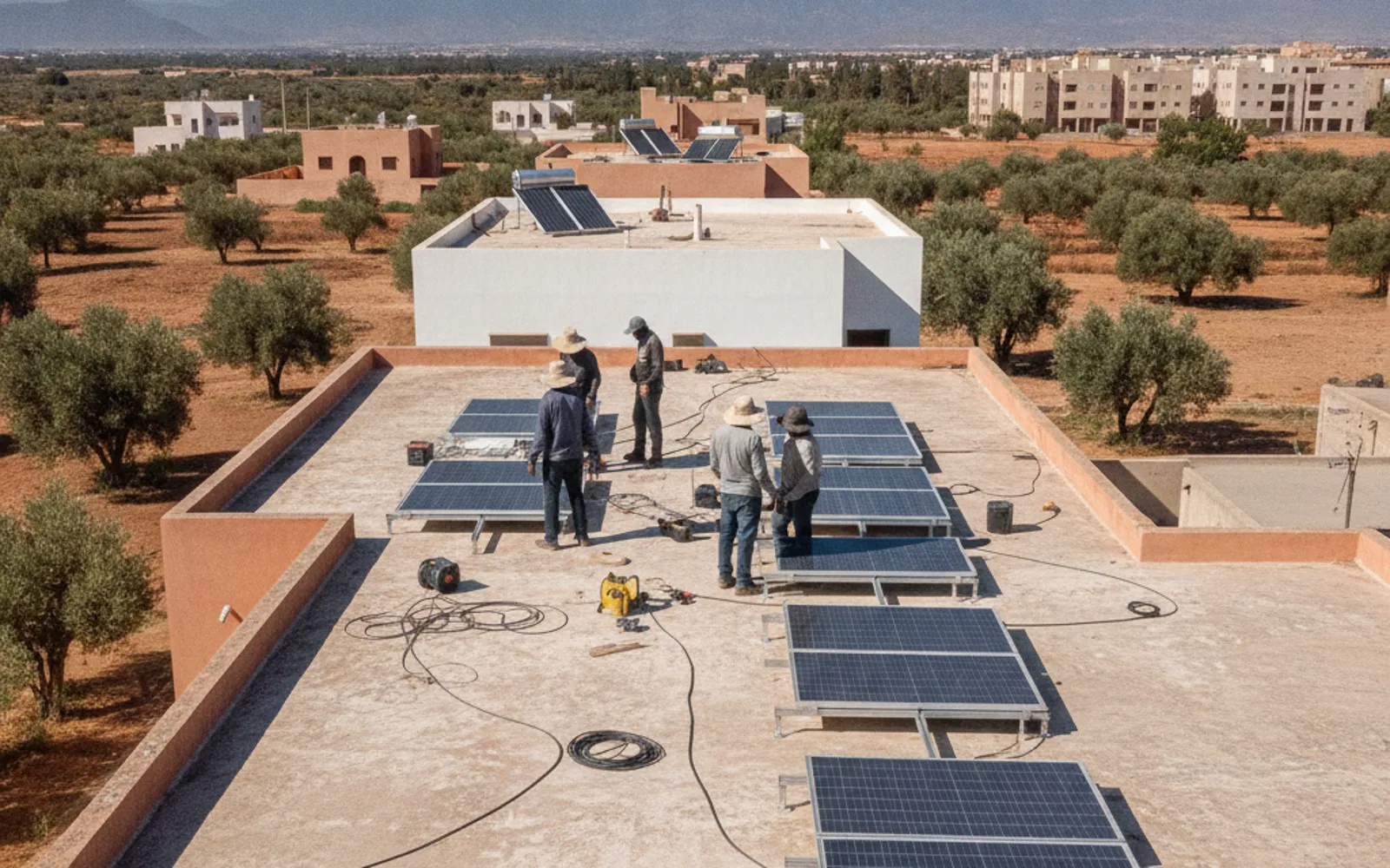 Pose de panneaux solaires sur la structure d'un toit-terrasse